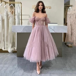 Musetta Pink Simple Tulle Short Prom Dresses Off The Shoulder Saudi Arabia Formal Party Gowns Fitted Bone Women Homecoming Dress