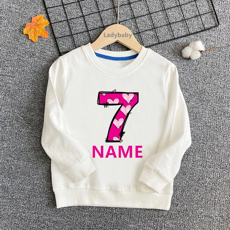 Pink Heart Cute Girls Sweatshirts 1 2 3 4 5 6 7 8 9 Years Birthday Customize Name Kids Hoodies Baby Pullover Tops Clothes Gift