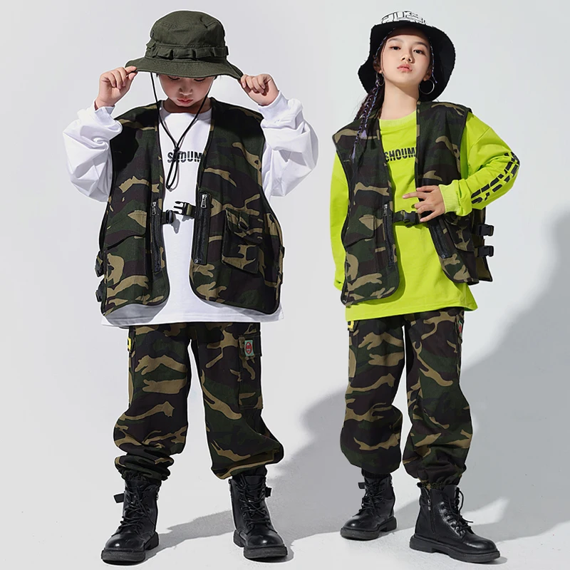 Kids Kpop Outfits Hip Hop Clothing Camo Vest Streetwear Tactical Cargo Pants For Girl Boy Jazz Dance Costume Teen Street Clothes