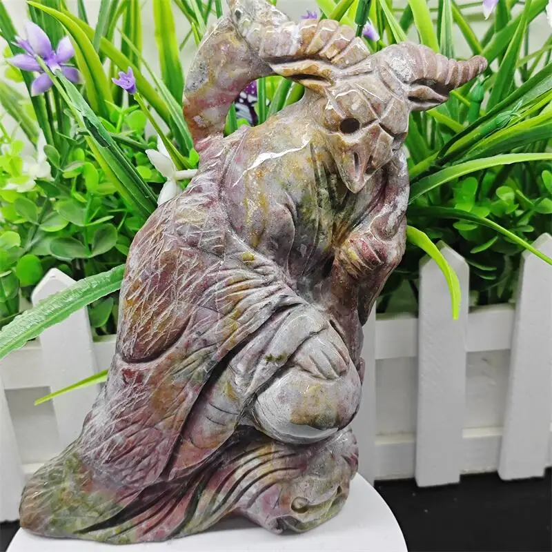 Natural Ocean Jasper Goat Dark Wizard Carving Craft Animal Gift Crafts Feng Shui Home Decoration Stone Statues 1PCS