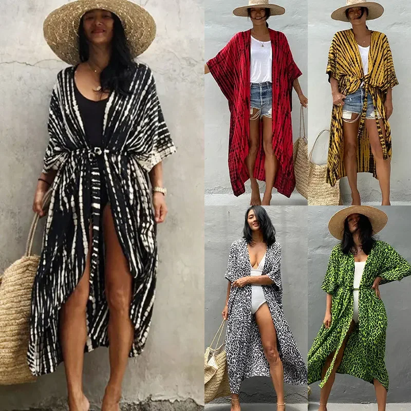 Pantai Cover up untuk pakaian renang wanita hitam Tie Dye Kimono baju renang Cape musim panas gaun 2023 pakaian Beachwear kebesaran longgar