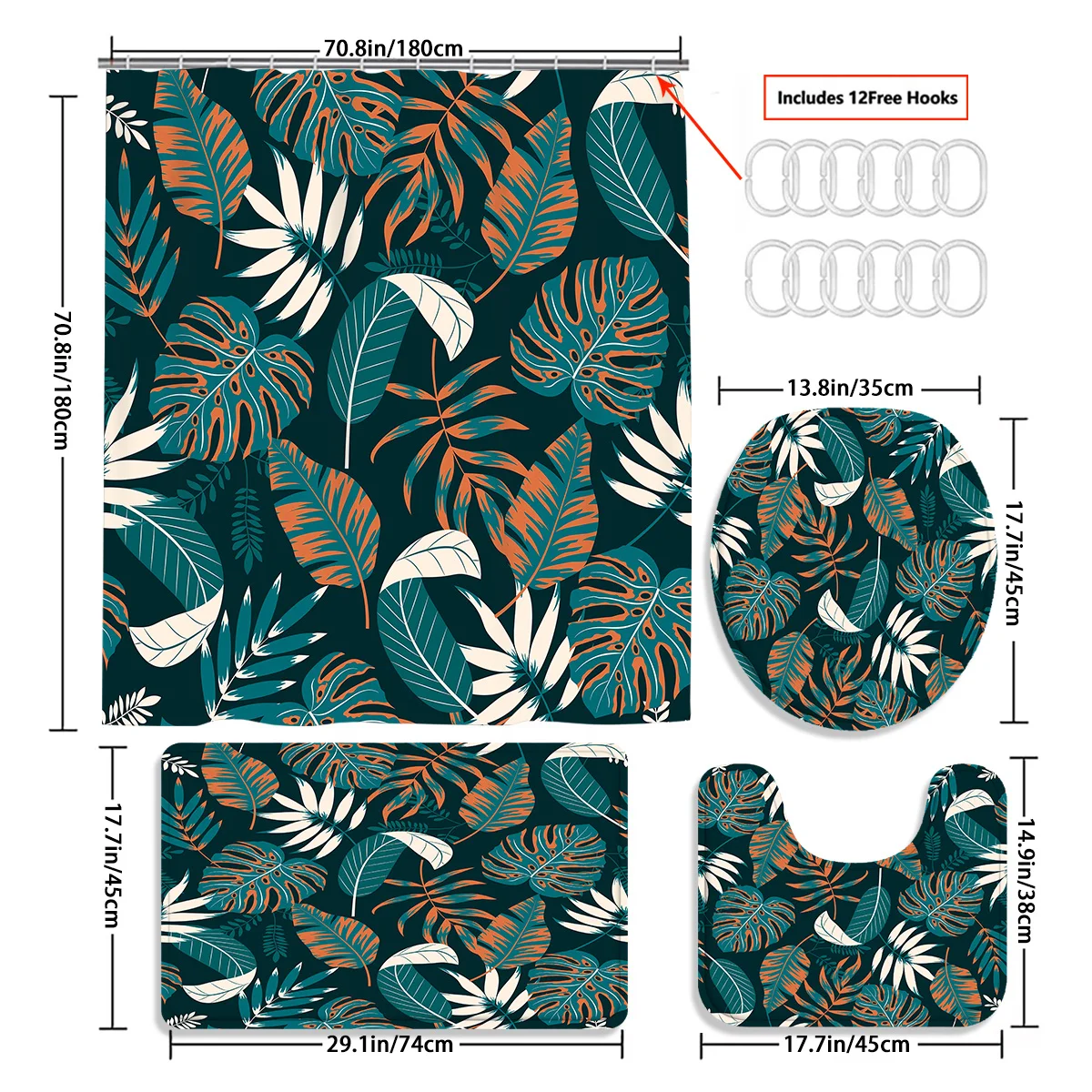 

Набор занавесок для душа с тропическим лесом и 12 крючками, нескользящим ковриком для ванной, чехлом на сиденье унитаза и U-образным ковриком — можно стирать в машине