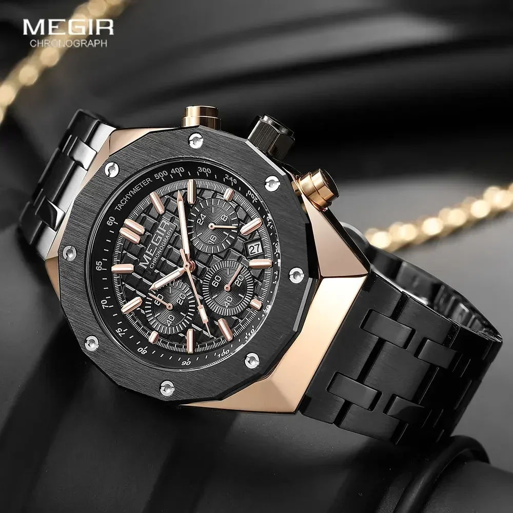 MEGIR Fashion Dress Watch Men Stainless Steel Strap Waterproof Quartz Wristwatch with Chronograph Auto Date Luminous Hands 2213