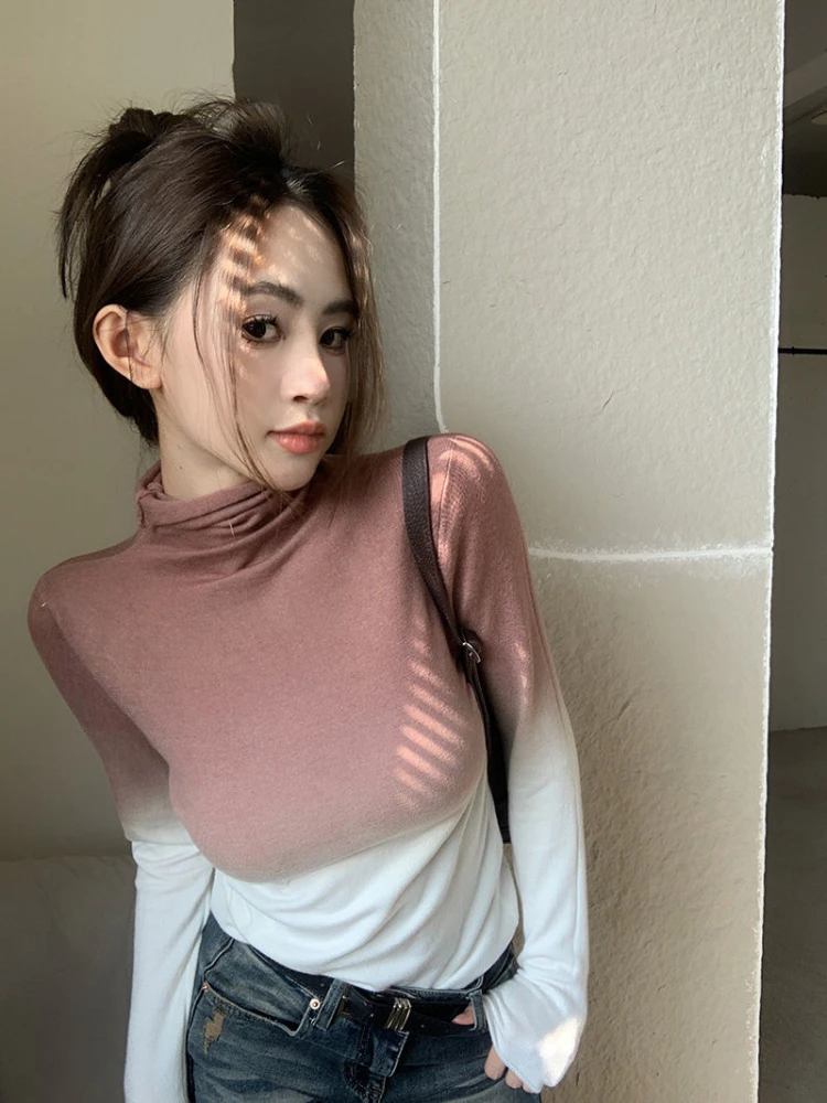 Turtleneck T-shirt Women Gradient Autumn New Basic Long Sleeve Slim All-match Korean-style Trendy Office Ladies Leisure Gentle