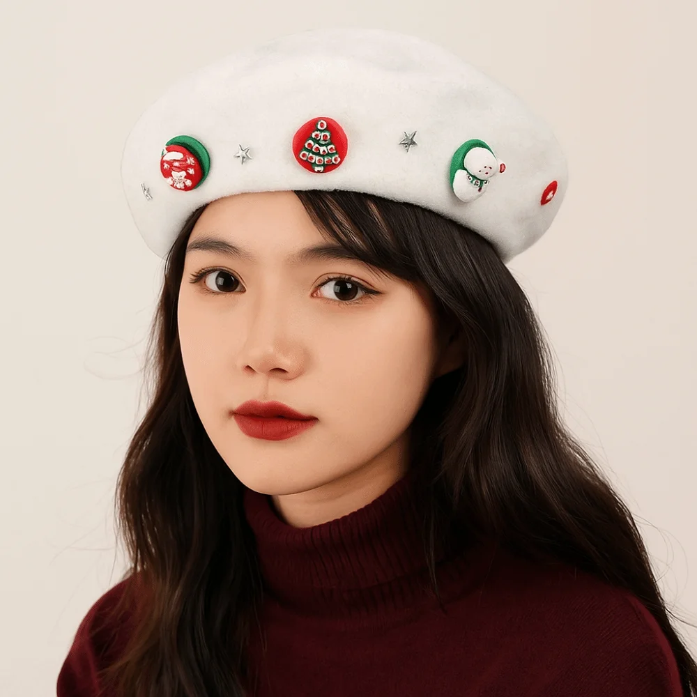 

Newsboy Cap Woolen Christmas Beret Star Christmas Tree Octagonal Hat Korean Style Warm Painter Hat Outdoor