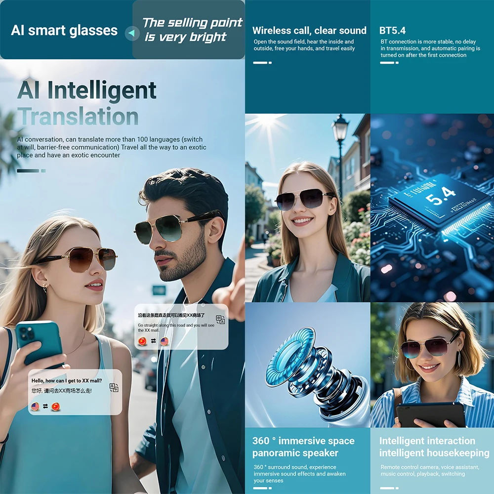 GY100 AI Smart Wireless Translation Glasses AI Real Time Translation Support 100+ Languages Bluetooth Smart Audio Sunglasses