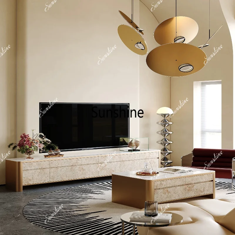 Living room light luxury and high-end home solid wood high-end sintered stone coffee table and TV cabinet combination