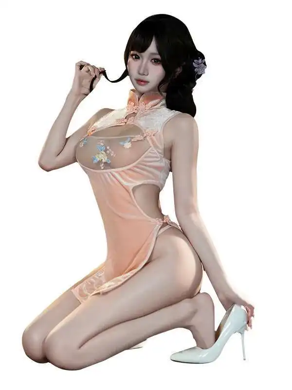 Sexy Female Sheer High Waist Slit Tank Mini Dress Embroidered Petals Ancient Style Cheongsam Uniform Dress Elegant Tops 61OL