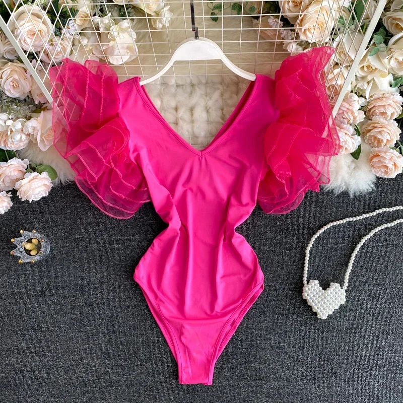 Casual Almighty Skinny Jumpsuits for Women Sexy Fly Short Sleeve Mesh Spliced Femme Bodysuit Korean Fashion V-neck Woman Rompers