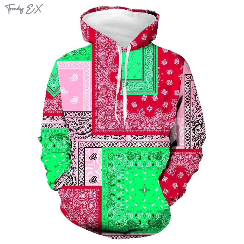 2024 New Sweatshirt Unisex Retro Bandana Print Cool Hoodies Fashion Patchwork Pattern Design Kangaroo Pocket Men\'s Sweatshirt