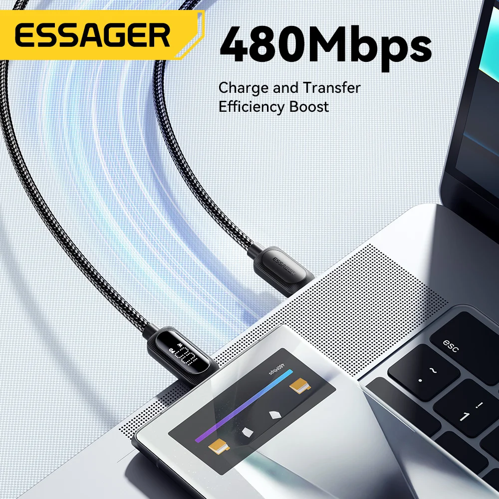 Essager 100W USB tipo C Cable 5A PD Cable de carga rápida para Macbook iPad iPhone 16 15Pro Samsung Xiaomi Cable de pantalla Digital