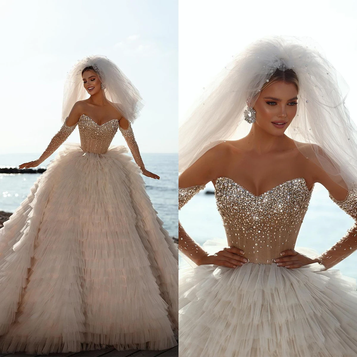 Luxury Strapless Wedding Dresses Princess Sleeveless Ruffle Tiered Bridal Gowns Custom Made فستين زفاف عاليه الجوده