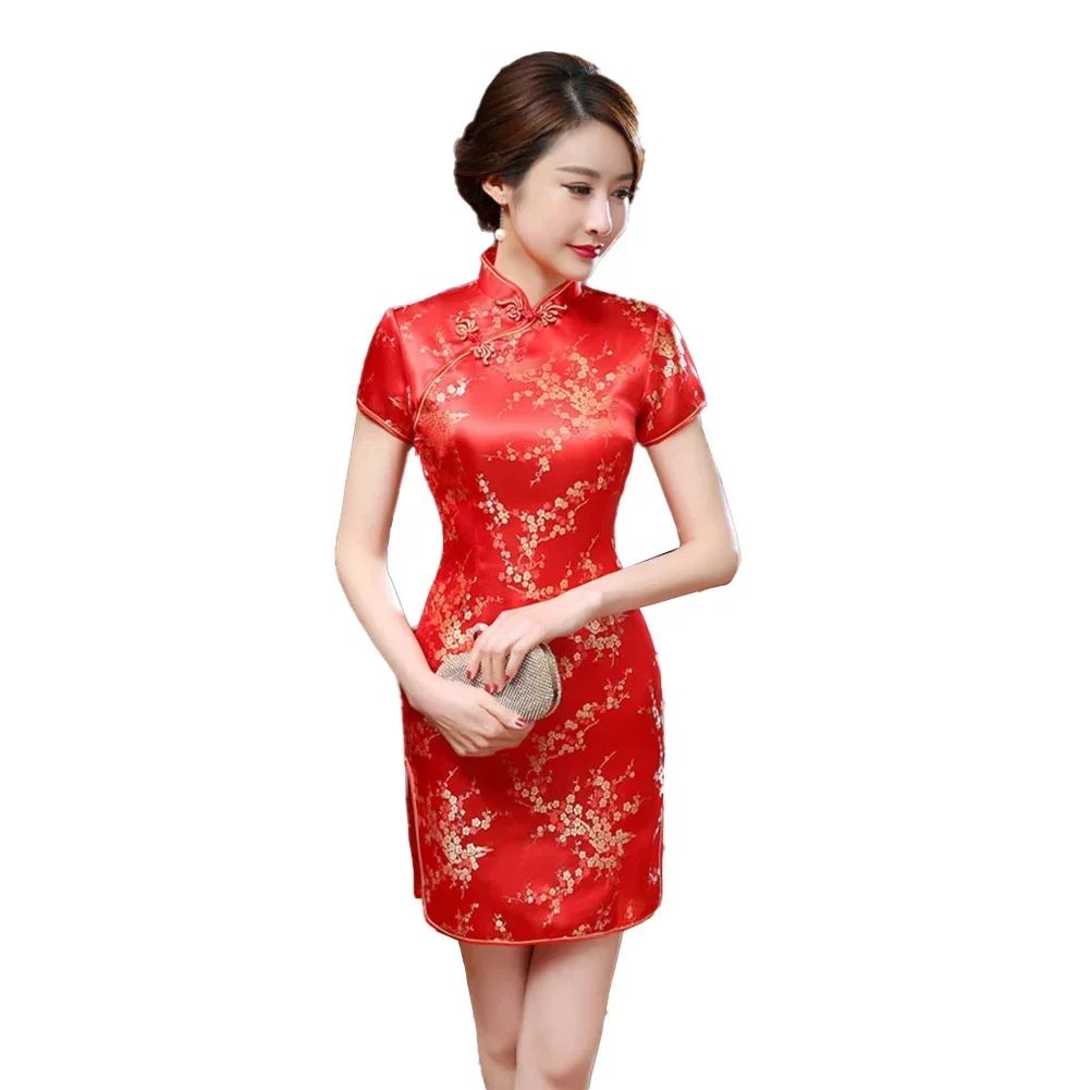 Cheongsam Slim ชุดซาตินสําหรับปาร์ตี้ทุกวัน High Slit เครื่องแต่งกาย Cheongsam Elegant ยืดเล็กน้อย