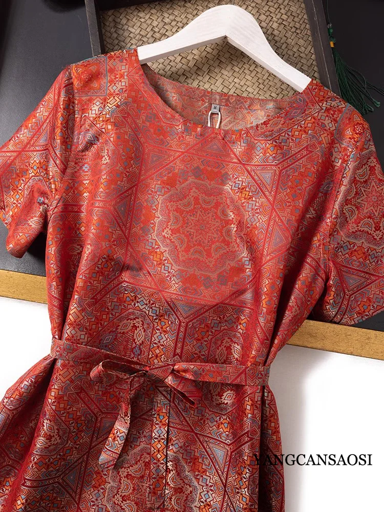 2024 Women's Fashion Summer New Red Background Geometric Pattern (Wide Belt) 100% Natural Mulberry Silk Song Brocade Dress