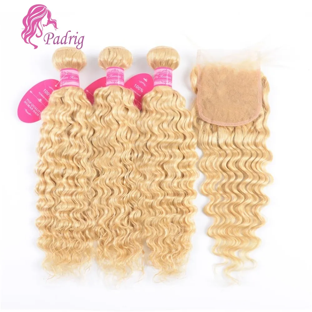 613 Blonde 2/3PCS Deep Wave Human Hair Bundles With 4x4 Transparent Lace Closure Brazilian Virgin Hair Full End 100g/PC Bundle