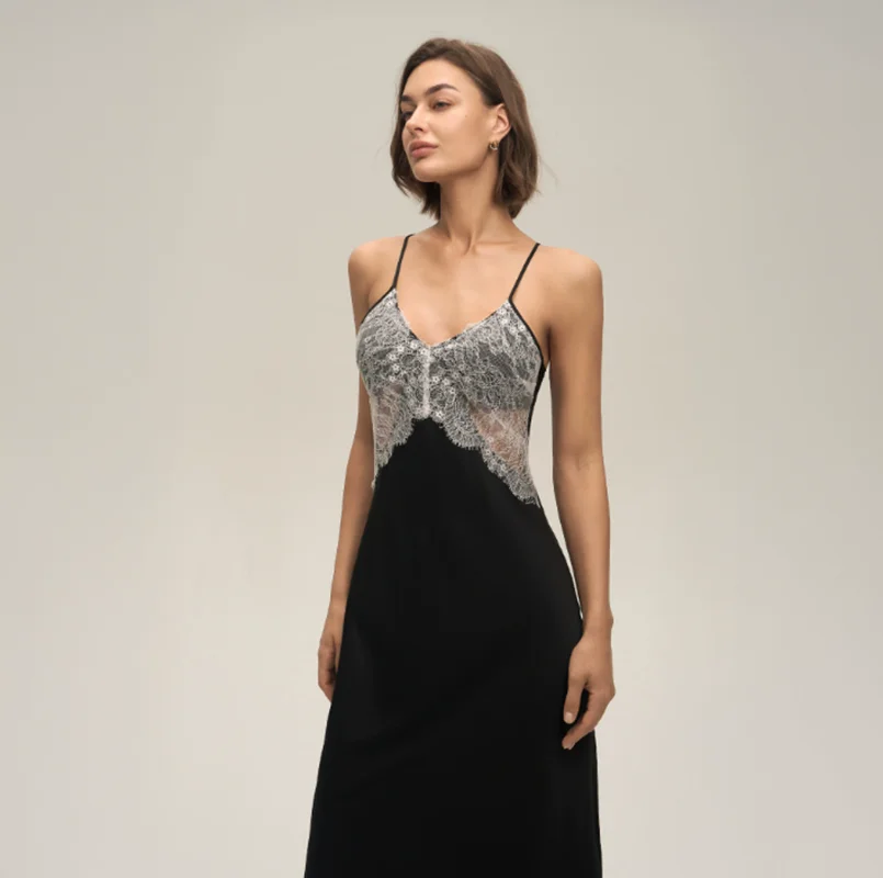 

Summer Female Suspender Nightgown Sleepwear Sexy White Lace Applique Backless Nightdress Black Ice Silk Homewear Loungewear