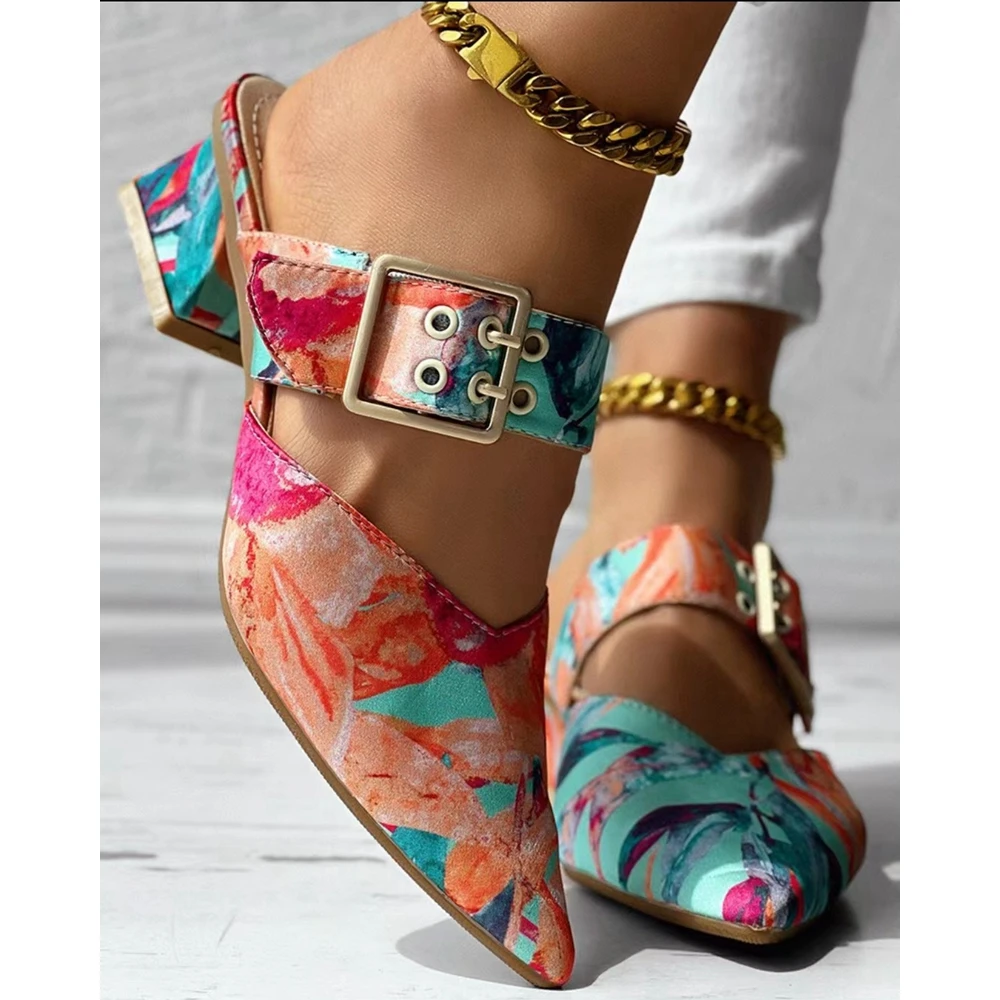 Summer Fashion Women Buckled Strap Point Toe Chunky Heel Mules Korean Style Abstract Print Slippers Sandals Traf