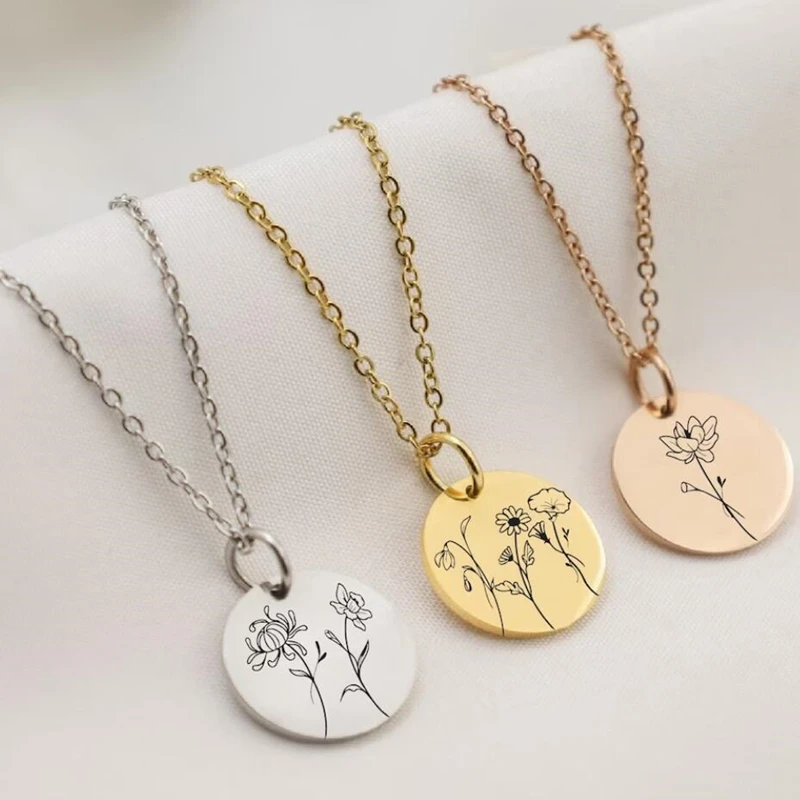 

18K Gold Silver Rose Filled Birth Flower Necklace, Flower Necklace, Disc Necklace, Engraved Jewelry,Birthstone Gifts for Her