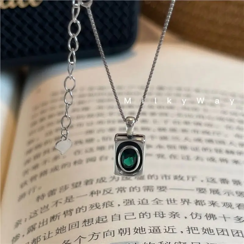 Real Money 925 Sterling Silver Women's Necklace Korean Square Geometric Turquoise Pendant Necklace Wedding Party Jewelry Gift