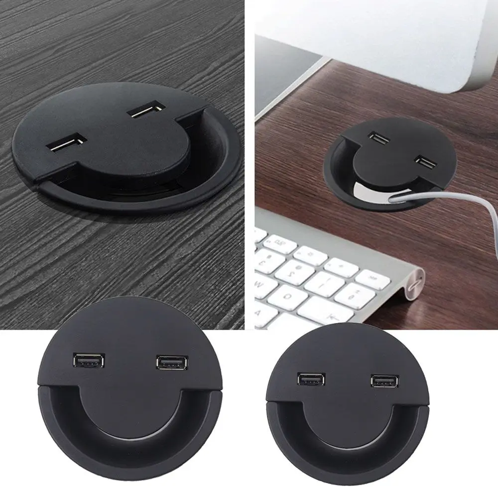 Dual Usb 80mm Wire Hole Cover Round Home Office Table Outlet Port Line Box Computer Desk Cord Grommet Cable Organizer For PC New