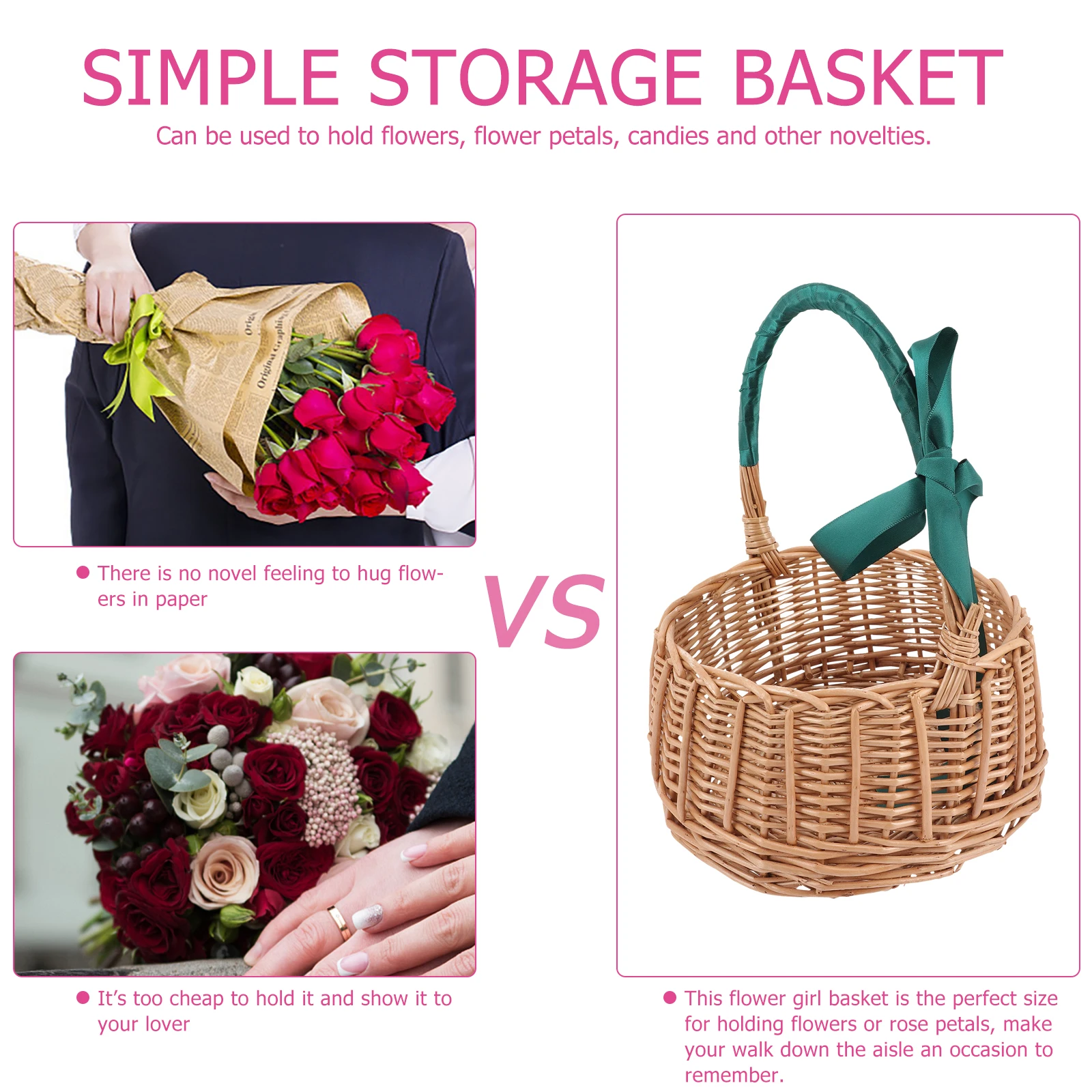 

Rattan Flower Basket Decorative Wicker with Handle Small Baskets Handmade Woven Storage Fruit