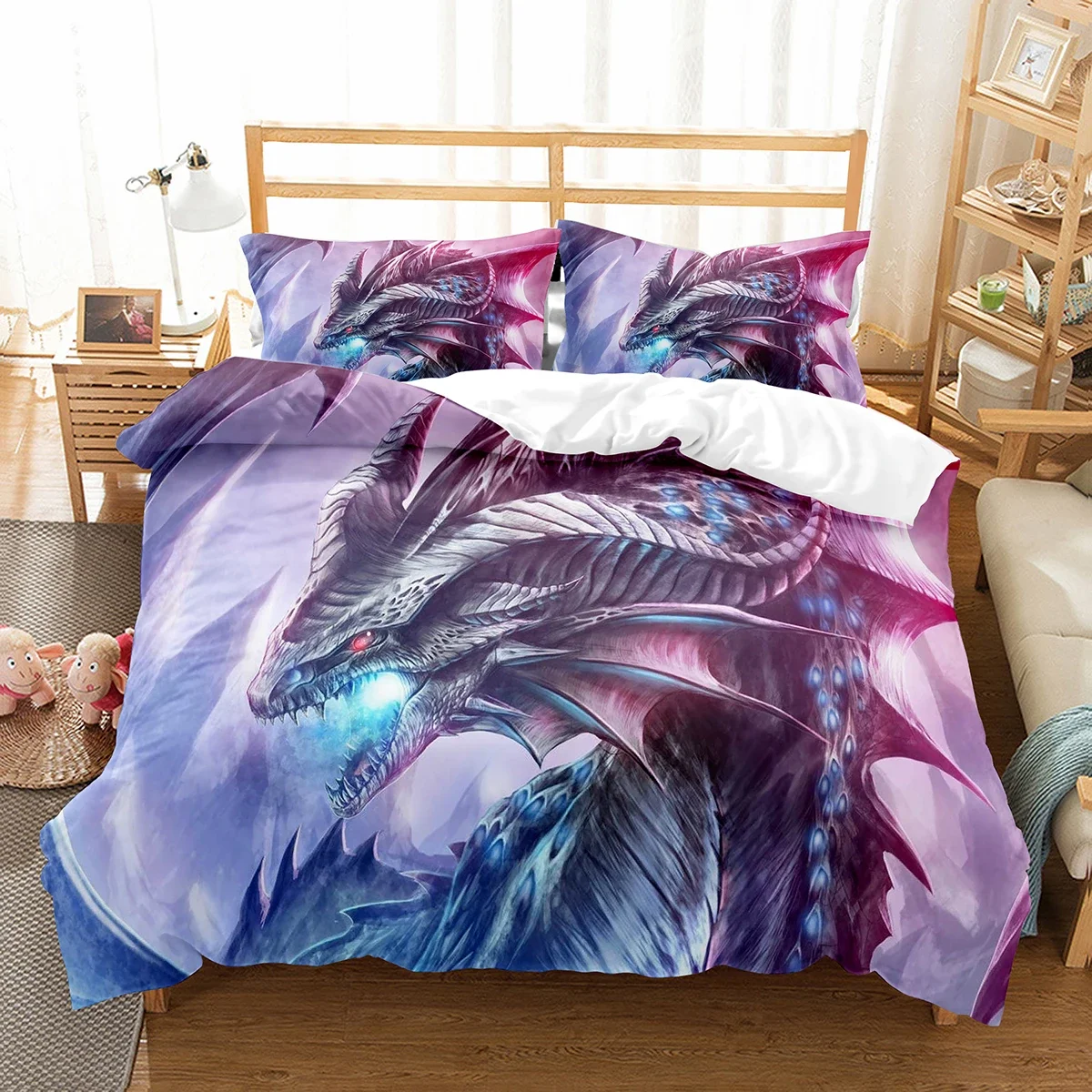 Purple Dragon Duvet Cover Jungle Animals Myths and Legends Dragon Children Boys Children Teens for Bedroom Decoration Queen King