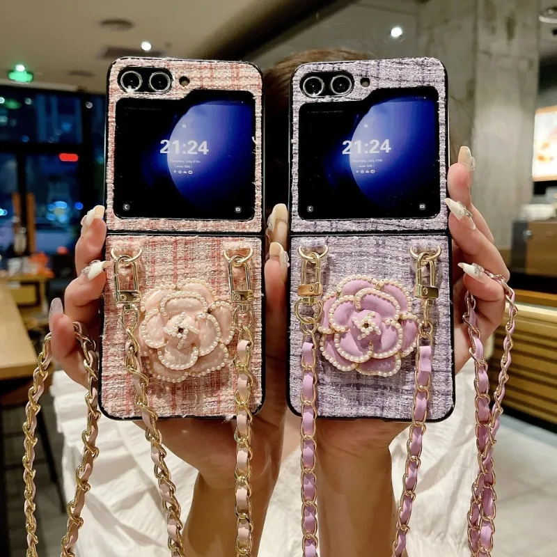 

For Samsung Galaxy Z flip 7 flip6 Zflip5 4 3 Camellia Tweed Style Phone Case Protective Cover Crossbody Strap PU Leather Texture