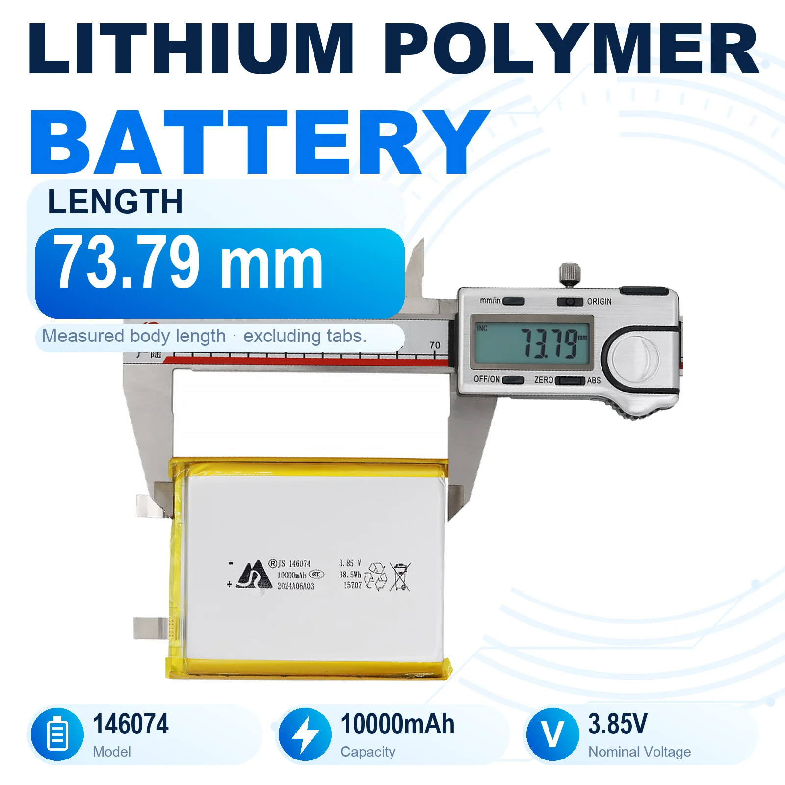 JS 146074 3.85V 10000mAh Rechargeable LiPo Battery Lithium Polymer Pouch Cell 14x60x74mm with Flat Metal Tabs