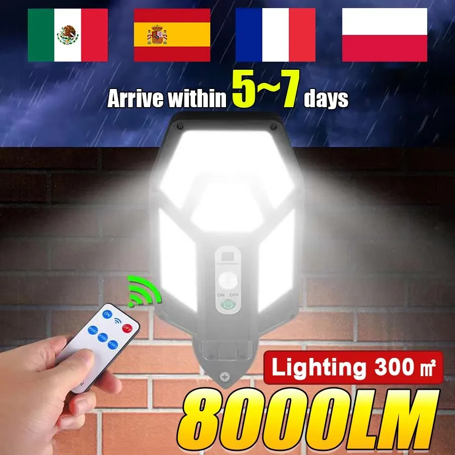 8000LM Solar Lamp Outdoor Sunlight Motion Sensor 8m Remote Control Solar Focus Wall Street Light Waterproof External Solar Lamp