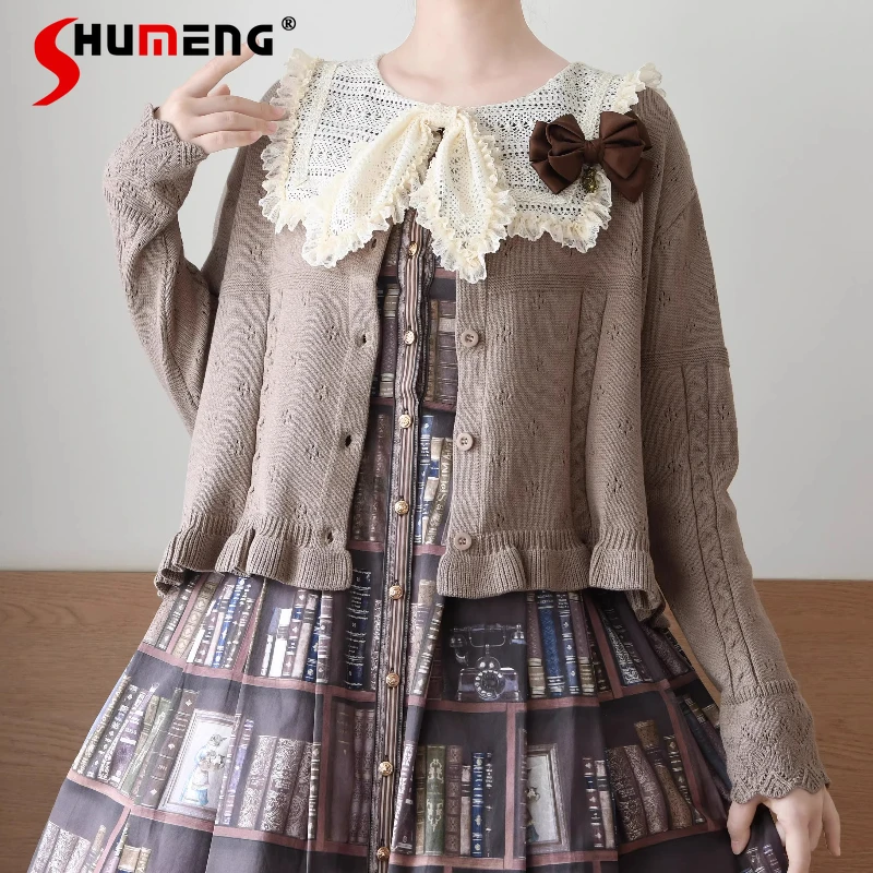 

Japanese Sweet Girls Lolita Knitted Cardigan Jacket Sweaters Spring and Autumn Women Slim Fit Ruffled Long Sleeve Knitted Top