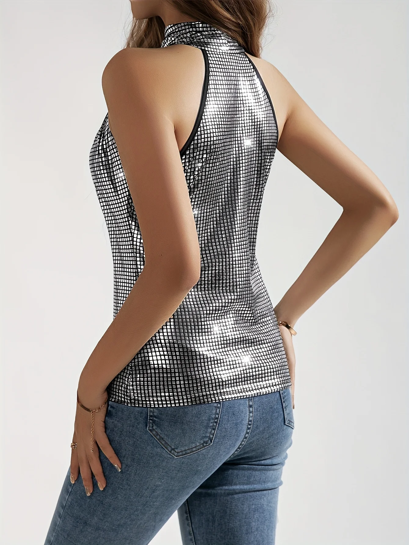 Silver Metallic Glitter Geo Pattern Crisscross Plaid Halter Top, Y2K Sleeveless Top, Evening Party Women\'s Clothing