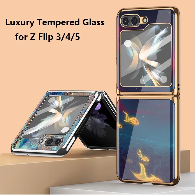 Retro Bohemian Totem Phone Case for Samsung Z Flip 3 Flip 4 Case Luxury Tempered Glass Shockproof Cover for Galaxy Z Flip 5 Case