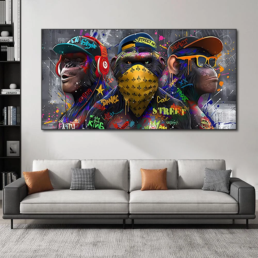 الكتابة على الجدران الجدار ملصق فني ثلاثة القرود الهيب هوب العصرية الحيوان جدارية ديكور المنزل الحديث قماش صورة طباعة غرفة المعيشة تزيين