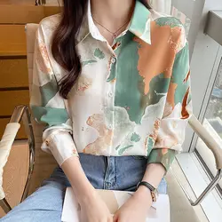 Fashion Elegant Spring Autumn New Chiffon Blouses Women's Polo-Neck Printed Tie Dye Loose Chic Long Sleeve Single-breasted Shirt