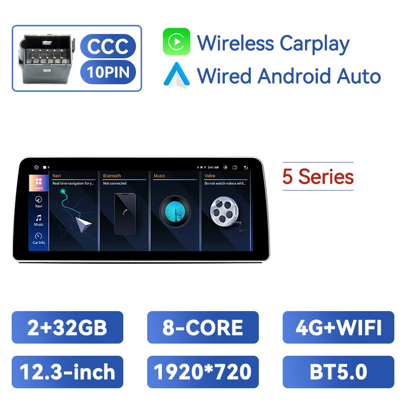 Draadloze Carplay 1920*720P 12.3Inch Android 14 Auto Multimedia Speler Voor Bmw 3/5Serie E60 E61 E90 E91 E92 E93 Ccc Cic 8Core Dsp