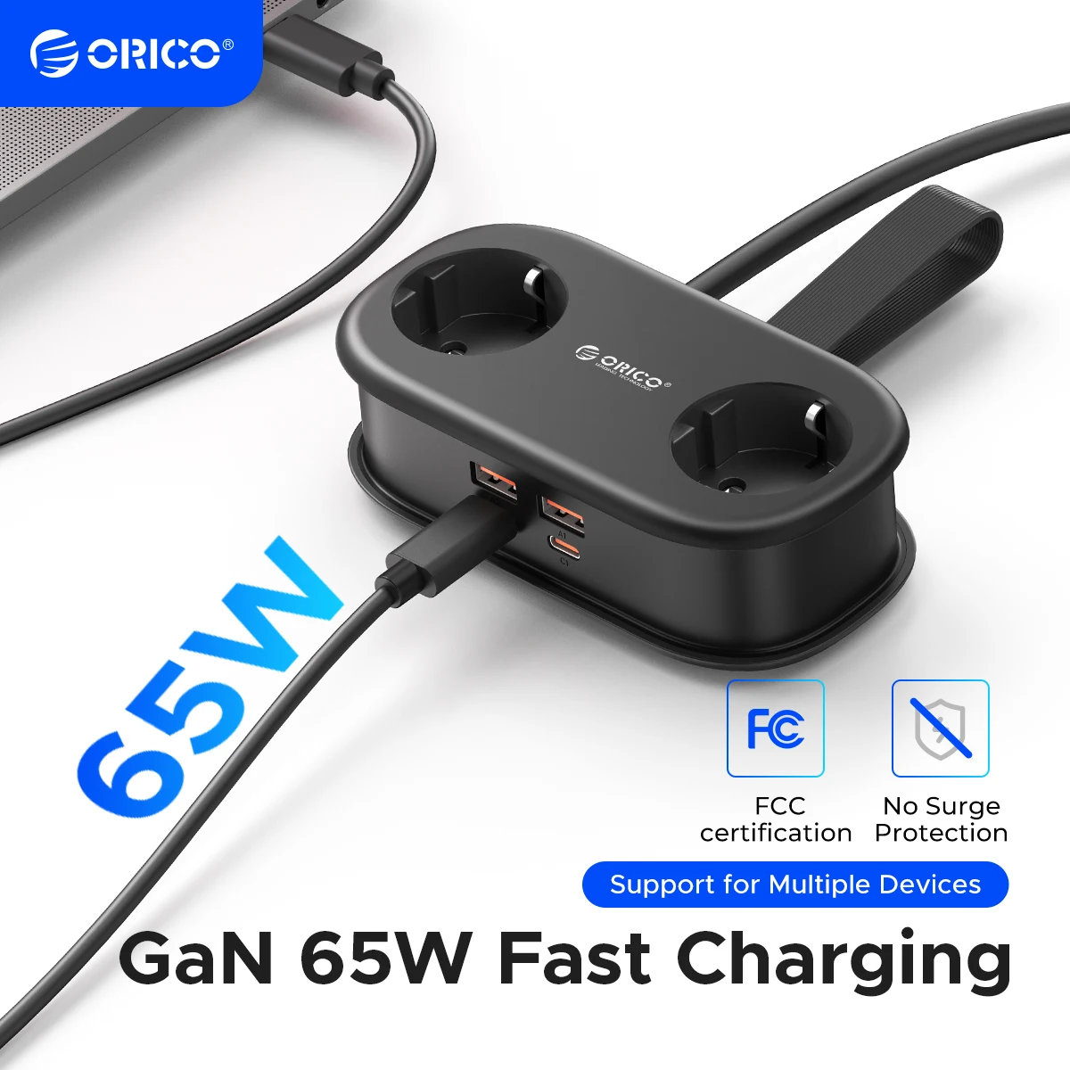 

ORICO EU Plug Multitap Socket Power Strip Travel Portable Strip 2AC Outlets GaN 65W Extension Cord with USB type C Fast Charging