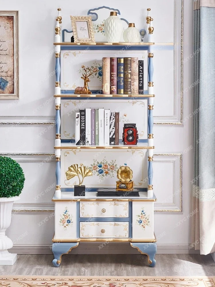 AAN European-Style Bookshelf Display Cabinet Vintage Shelf Painted French Cream Style Classical Floor Bookshelf