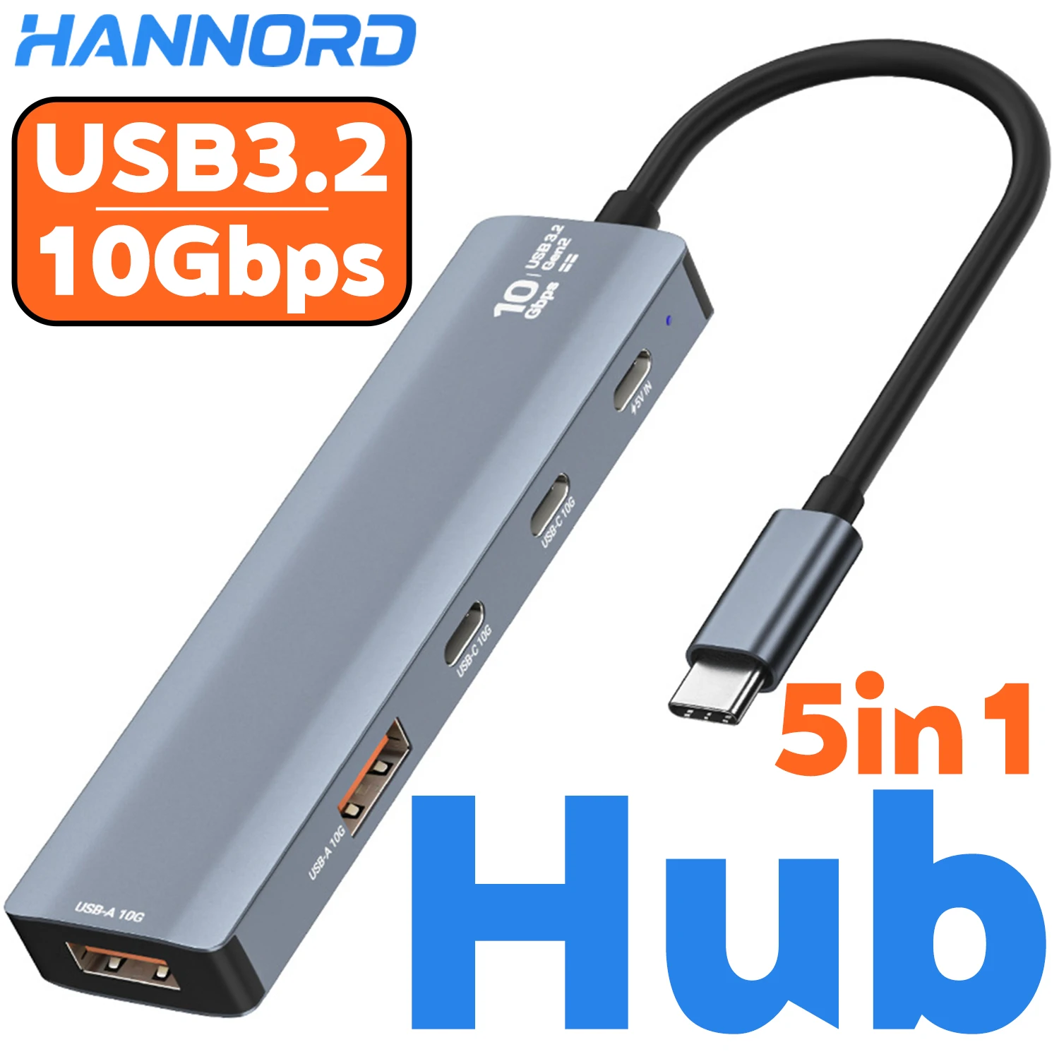 

Hannord USB C Type-C Hub 5 в 1 Multiple USB3.2 Hub 10 Гбит/с USB-A и USB-C Splitter для портативного ПК Настольный компьютер с 5 портами питания (15 см)