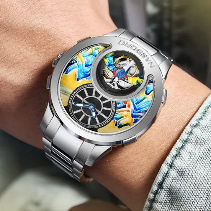 HANBORO Men Automatic Watch 43.6mm Mechanical Wristwatch Luminous Enamel Carved Painted Mountain Skeleton Rotatable Bird Dial