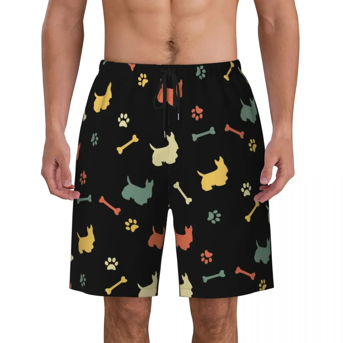 

Custom Board Shorts Mens Quick Dry Beachwear Boardshorts Scottish Terrier Cartoon Pattern Swimming Trunks Bathing Suits