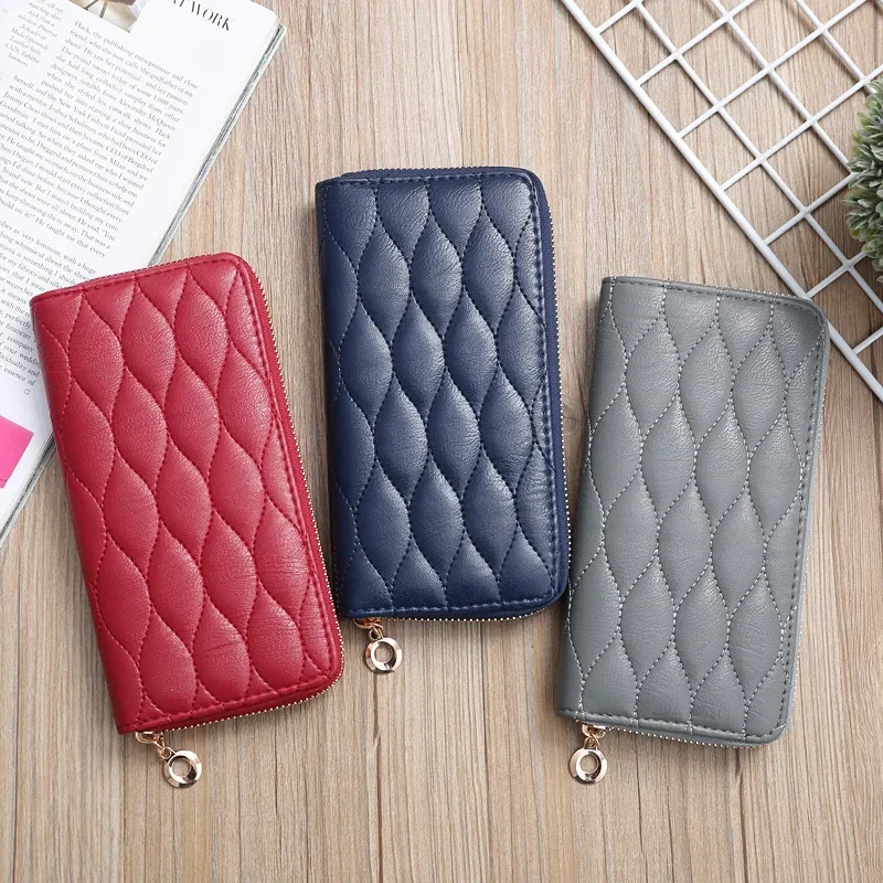 

New Fashion Embroidery Long Zipper Wallet for Women PU Leather Grid Multi Card Large Capacity Wallet Zipper Coin Purse Money Bag