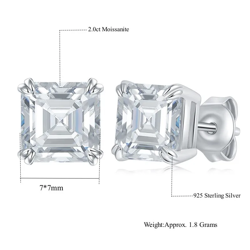 Doprovodit mračno 7*7mm 2.0ct asscher krájet moissanite diamant skoba náušnice pro ženy S925 mincovní stříbro čtverec ucho jemný šperků