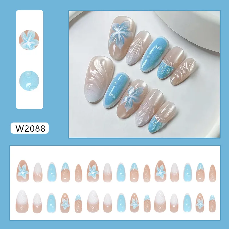 24 Uds. De uñas postizas francesas con degradado azul claro, conchas de flores de lirio 3D, uñas postizas de almendra brillantes, uñas postizas dulces, prensa