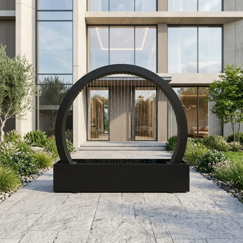 Modern gift steel arched waterfall fountain with circular basin, suitable for courtyard lawn landscape