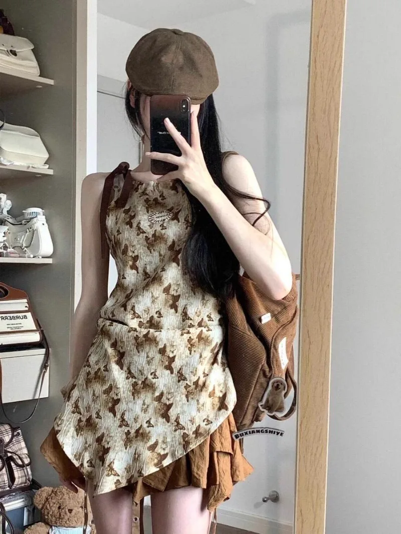 

2024 Summer Pure Desire Style Spicy Girl Butterfly Print Sleeveless Suspended Tank Top High Waist Skirt Trendy Female Clothing