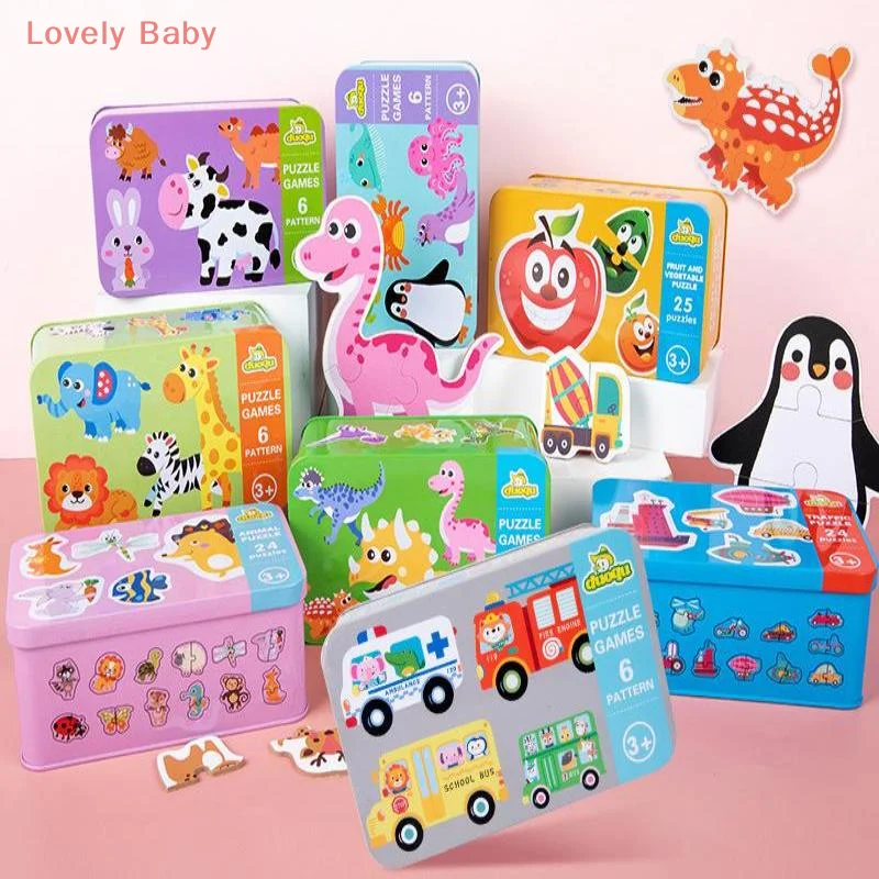 【BBS-7】1 Set Educational Toys Montessori 6 In 1 Cartoon Car Animal Wooden Iron Box Jigsaw Puzzle Board Game For Kids