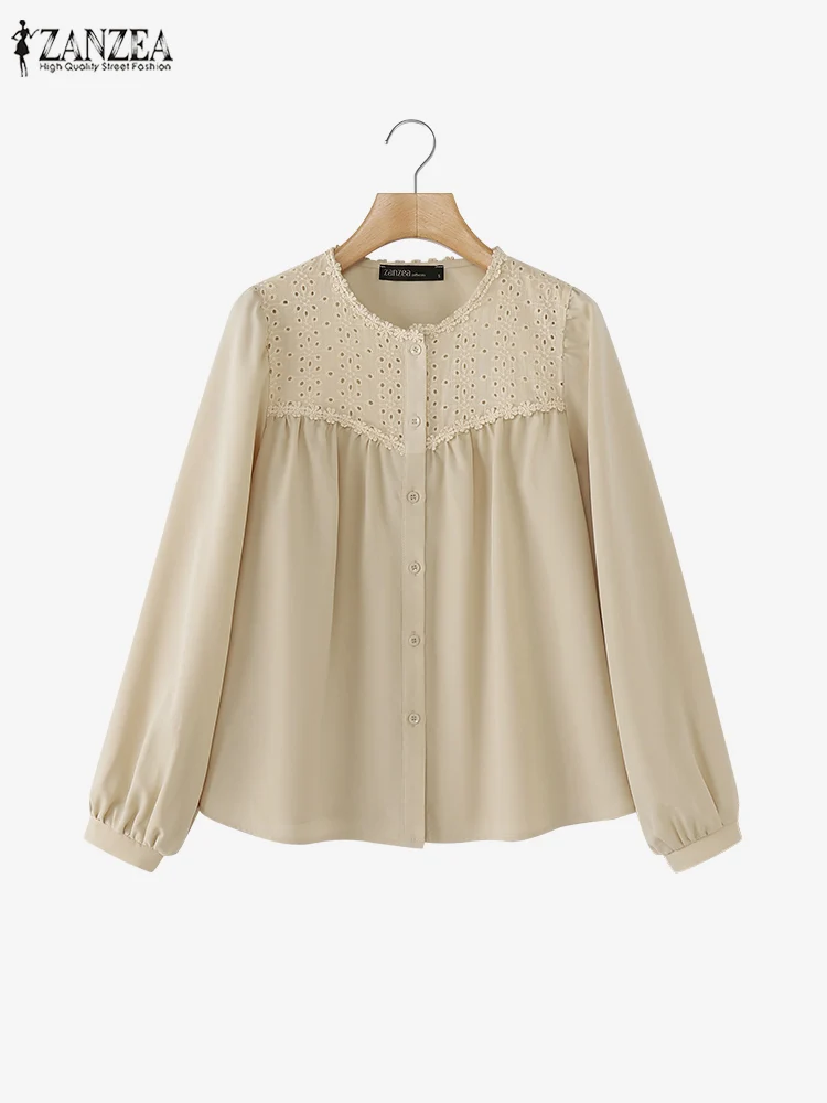 

ZANZEA 2025 Autumn Openwork Embroidery Blouses Women Casual Gathering Chemise Femme Long Sleeve Button Up Lace Patchwork Shirts