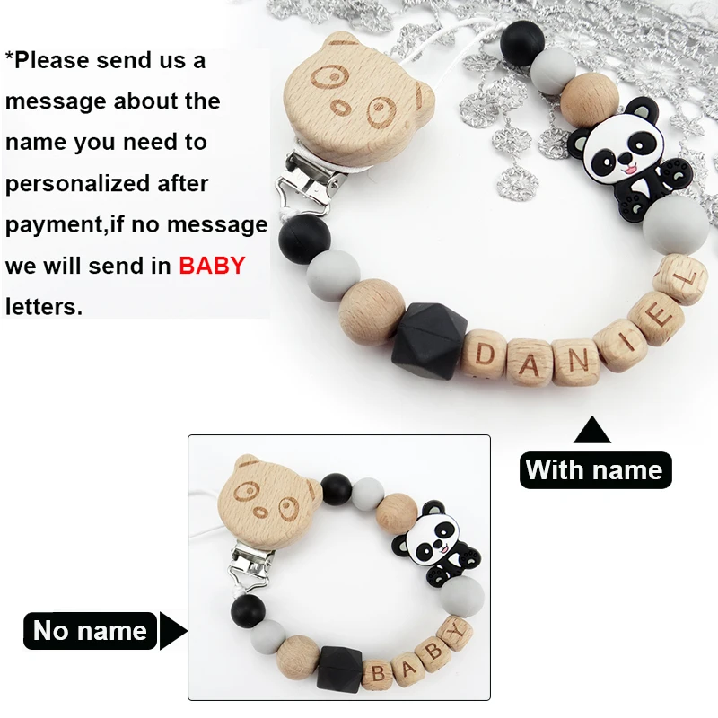 Cartoon Style Personalized Name Pacifier Clips Wooden Dummy Chain Silicone Beads Baby Clip BPA Free Nipple Attachment Necklace