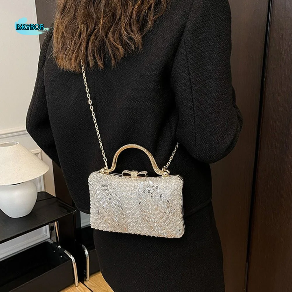 

Casual Metal Top Handle Evening Banquet Bag Shiny Glitter Sequin Box Handbag Large Capacity Rhinestone Tassel Shoulder Bag Party