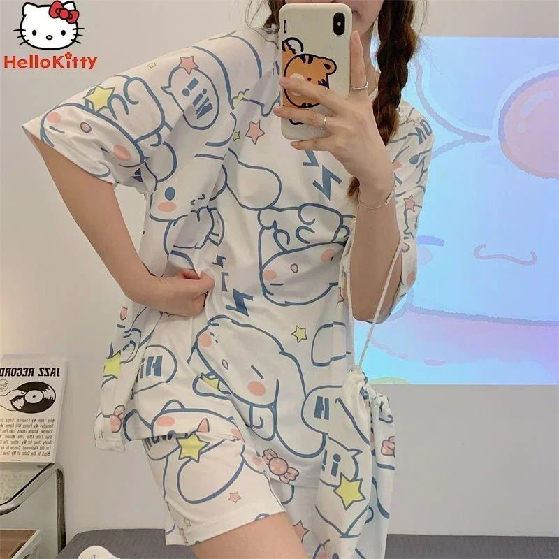 Kawaii Sanrio Anime Cinnamoroll Kuromi Pajamas Summer Simple Fashion Delicate Cute Casual Loose Comfortable Soft Girly Set Gift